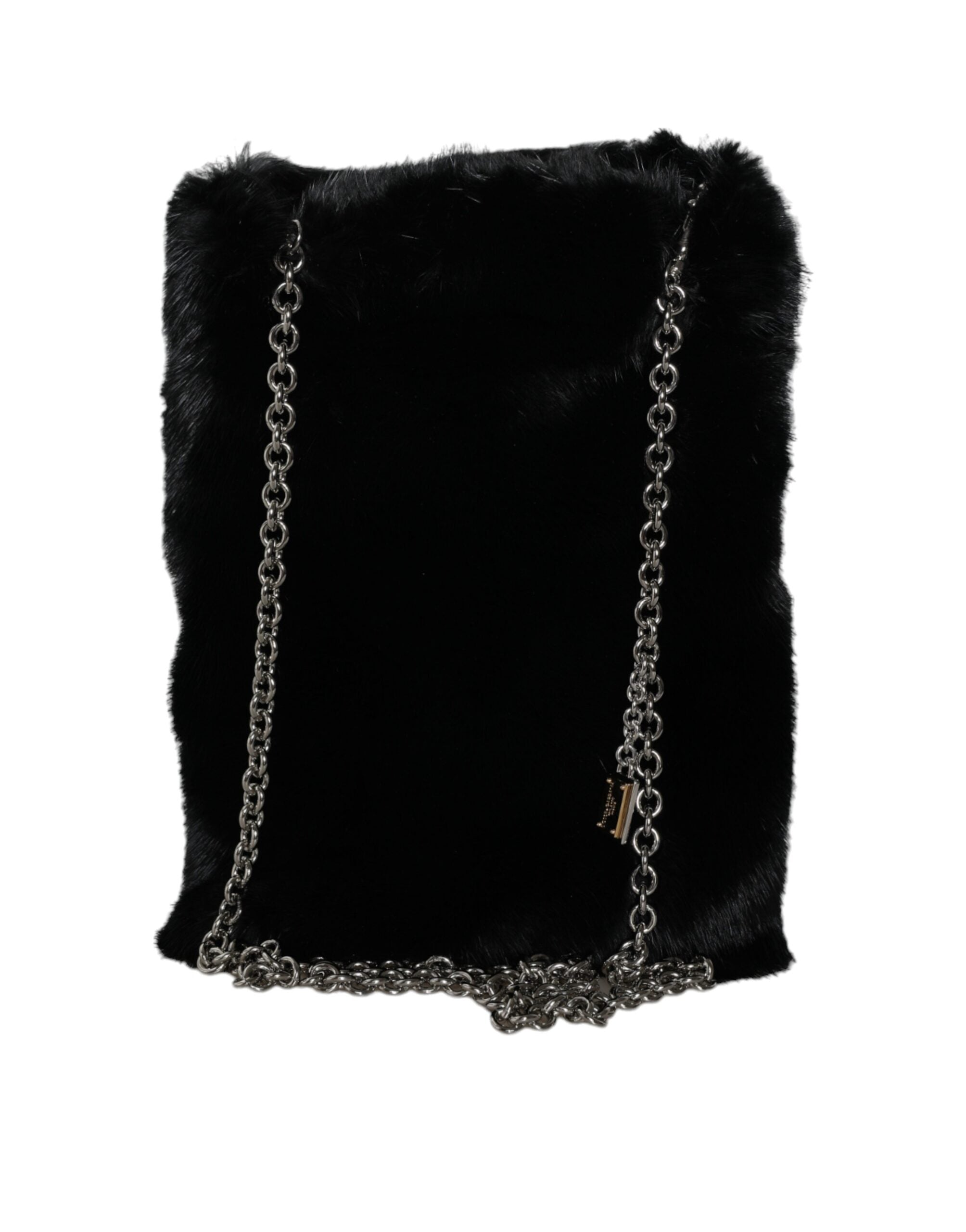 Dolce & Gabbana Black Faux Fur Silver Chain Crossbody Shoulder Bag Handbag